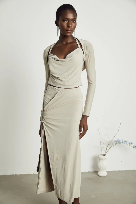 Annalisa Light Khaki Grey Skirt Top Set Matching Outfit Cupro Elastane Gold Buckle Halter Strap Side Slit Calf Length