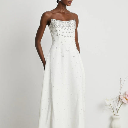Annalisa White Maxi Dress with Handmade Pearls and Crystals