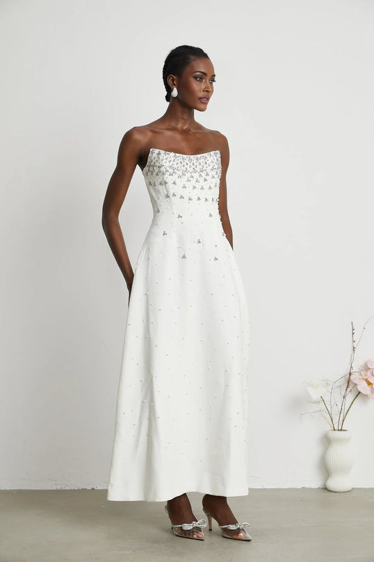 Annalisa White Maxi Dress with Handmade Pearls and Crystals