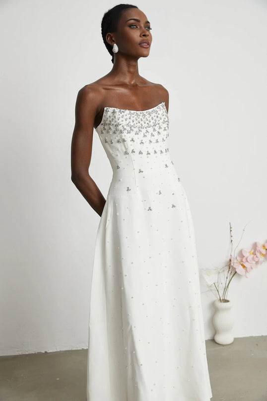 Annalisa White Maxi Dress with Handmade Pearls and Crystals