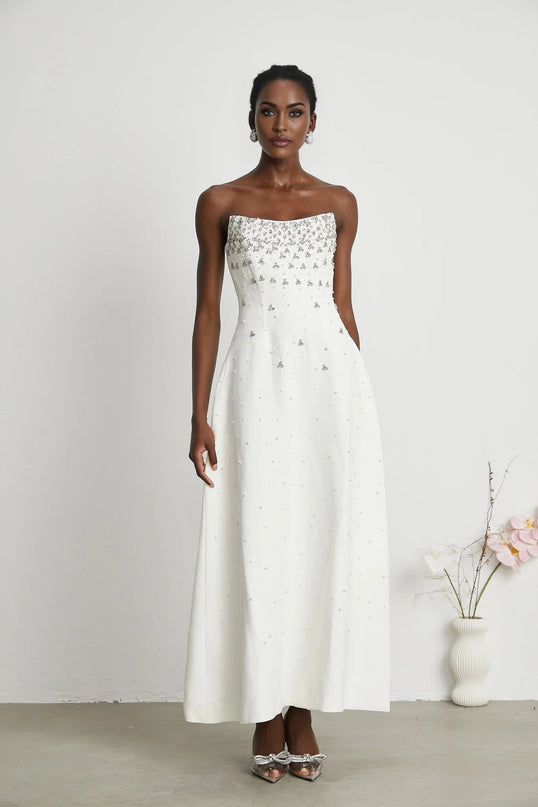Annalisa White Maxi Dress with Handmade Pearls and Crystals