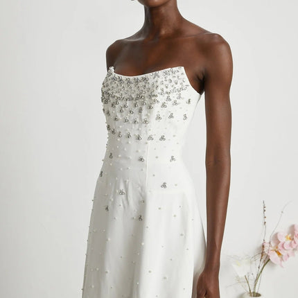 Annalisa White Maxi Dress with Pearl and Crystal Embellishments