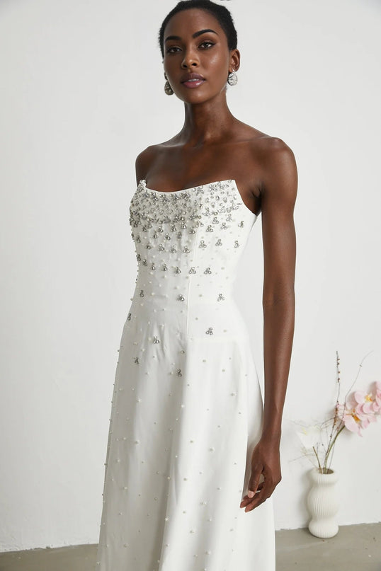 Annalisa White Maxi Dress with Pearl and Crystal Embellishments