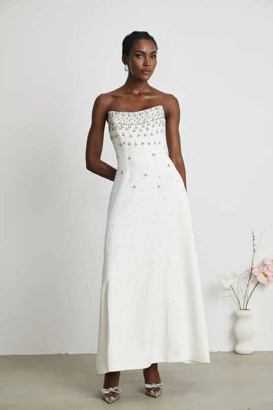Annalisa White Maxi Dress with Handmade Pearls and Crystals