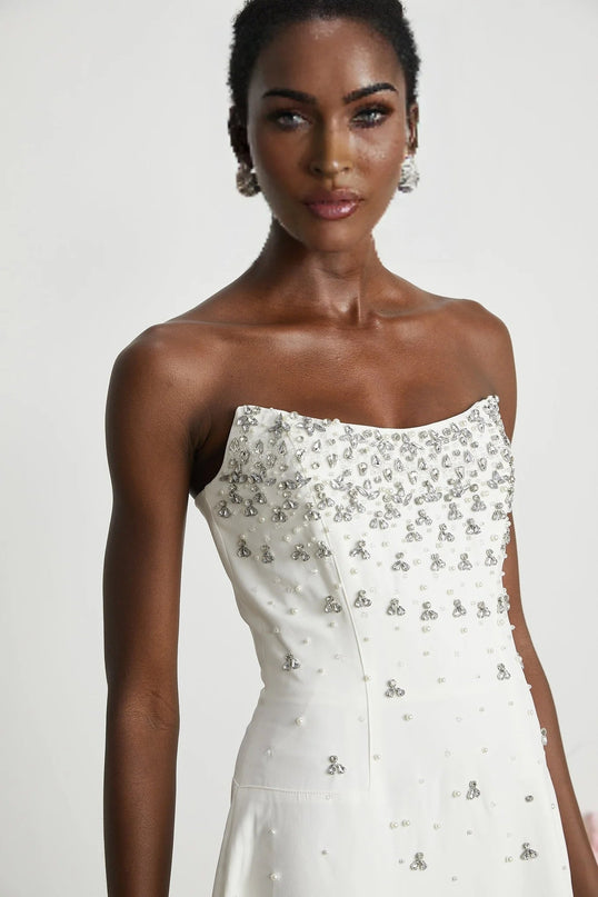 Annalisa White Maxi Dress with Glamorous Embellishments Sleeveless Off-Shoulder Silhouette