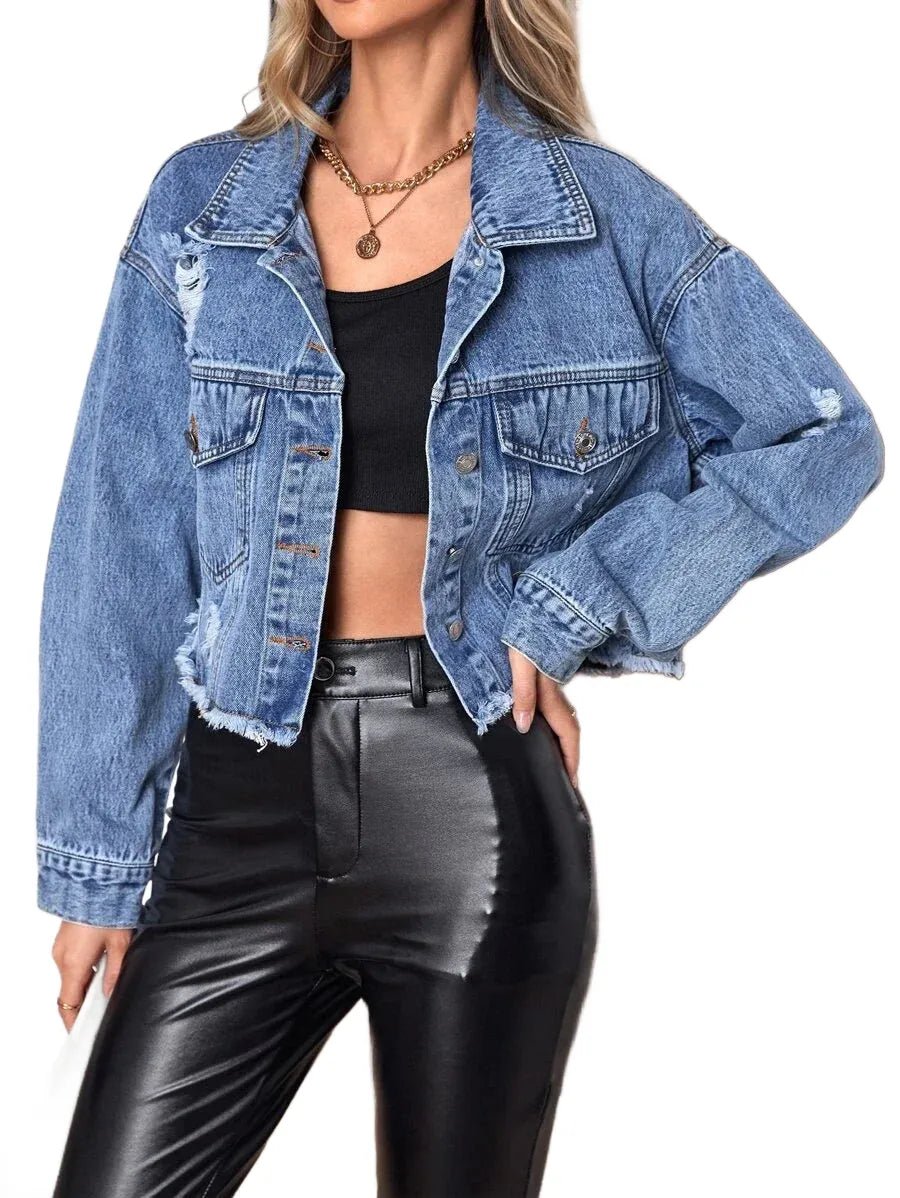 Annamaria Cropped Denim Jacket with Distressed Detail in Blue - XS