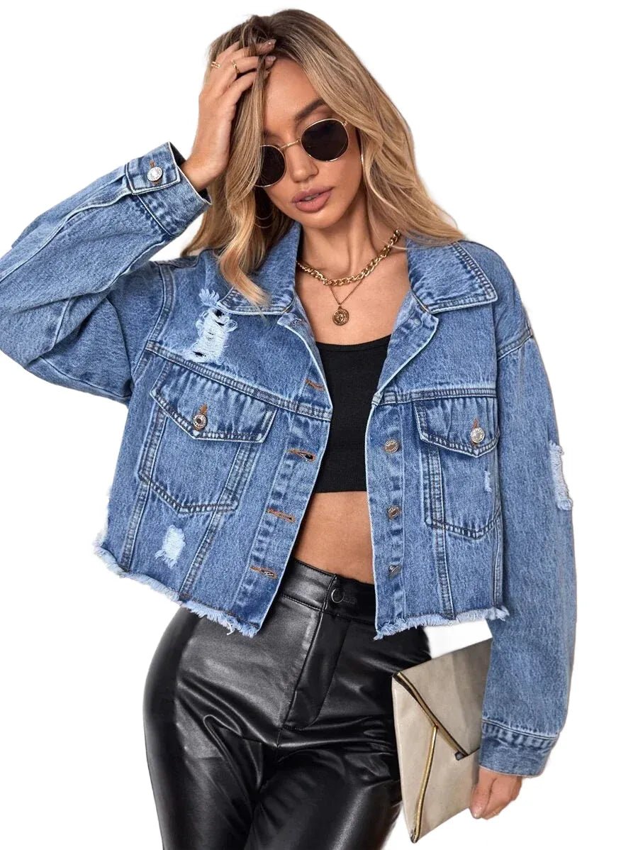 Annamaria Cropped Denim Jacket with Distressed Detail in Blue - XS
