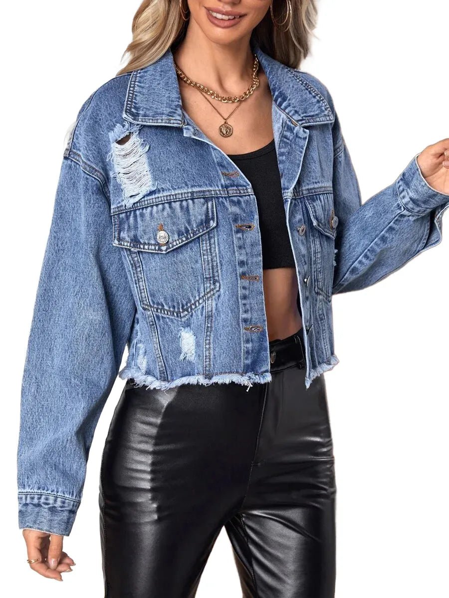 Annamaria Cropped Denim Jacket with Distressed Detail in Blue - XS