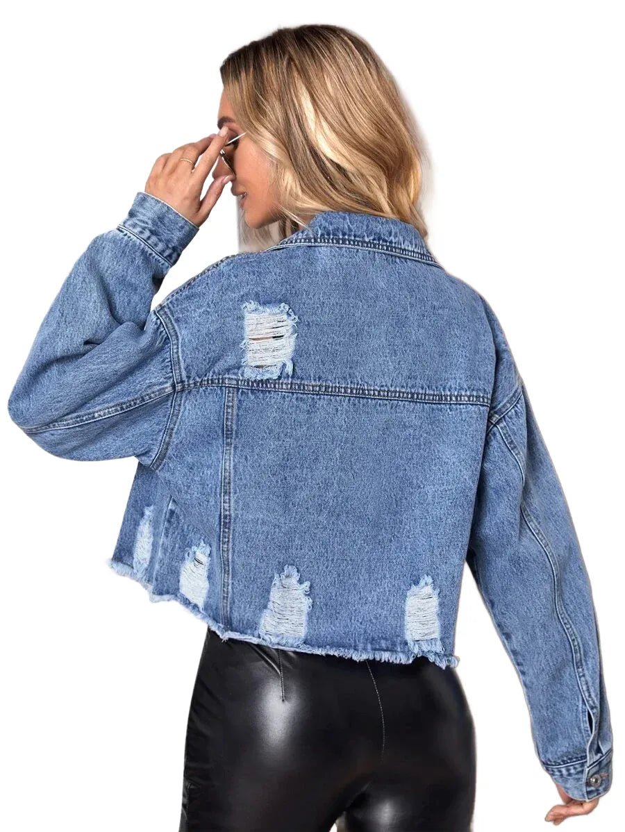 Annamaria Cropped Denim Jacket with Distressed Detail in Blue - XS