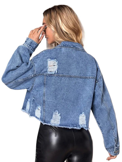 Annamaria Cropped Denim Jacket with Distressed Detail in Blue - XS