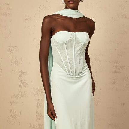 Annamaria Green Maxi Dress with Corset Detailing and Tulle Panelling