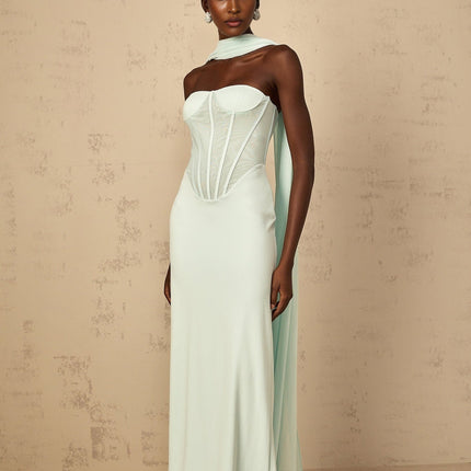 Annamaria Green Maxi Dress Corset Tulle Off Shoulder Cinched Waist Boned Bodice Back Slit Scarf Design Zip Fastening 92 Terylene 8 Spandex