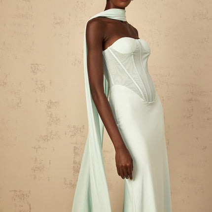 Annamaria Green Maxi Dress with Corset Detailing and Tulle Panelling