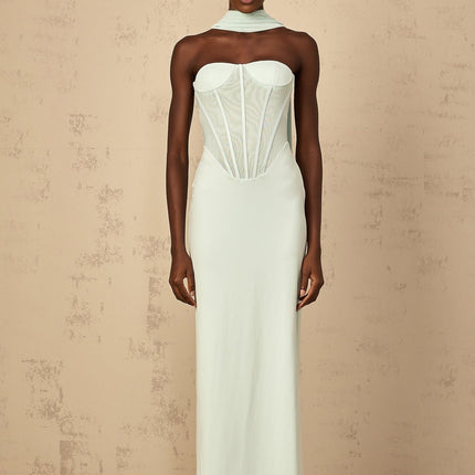 Annamaria Green Maxi Dress with Corset Detailing and Tulle Panelling