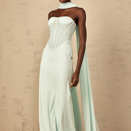 Annamaria Green Maxi Dress with Corset Detailing and Tulle Panelling