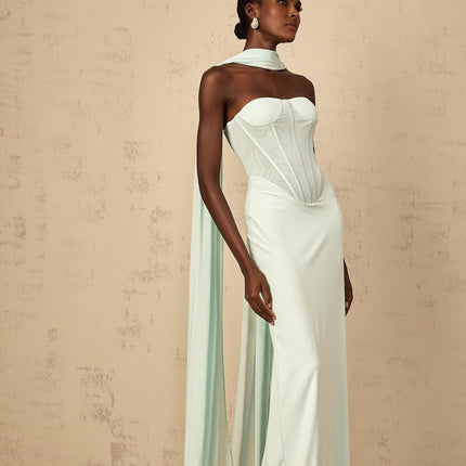 Annamaria Green Maxi Dress with Corset Detailing and Tulle Panelling