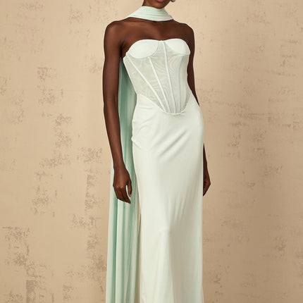 Annamaria Green Maxi Dress with Corset Detailing and Tulle Paneling