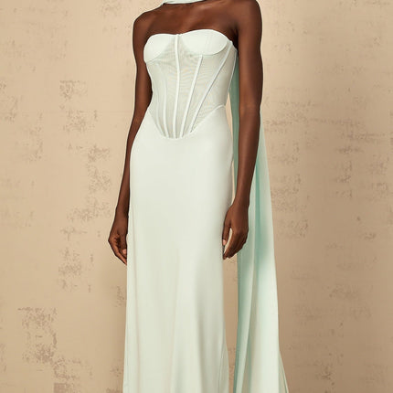 Annamaria Green Maxi Dress with Corset Detailing and Tulle Panelling Off-the-Shoulder Design Cinched Waist Boned Bodice Back Slit Sculptural Scarf Design Rear Zip Fastening 92% Terylene Fiber 8% Spandex
