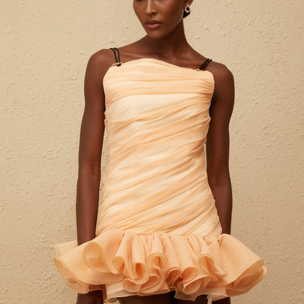 Annamaria Mini Dress in Orange with Ruched Square Neck Design