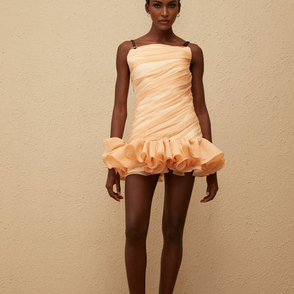 Annamaria Mini Dress in Orange with ruched square neck design and detachable spaghetti straps