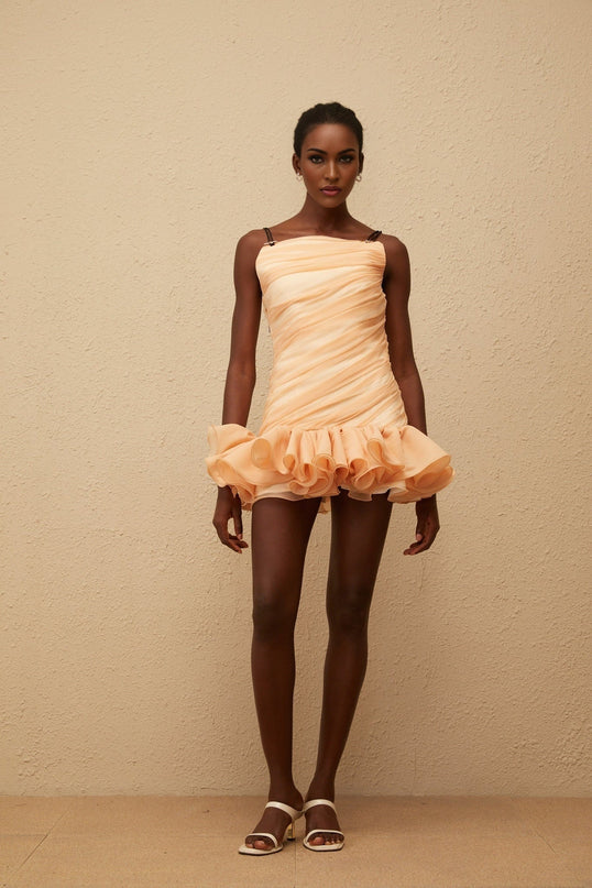 Annamaria Mini Dress in Orange with ruched square neck design and detachable spaghetti straps