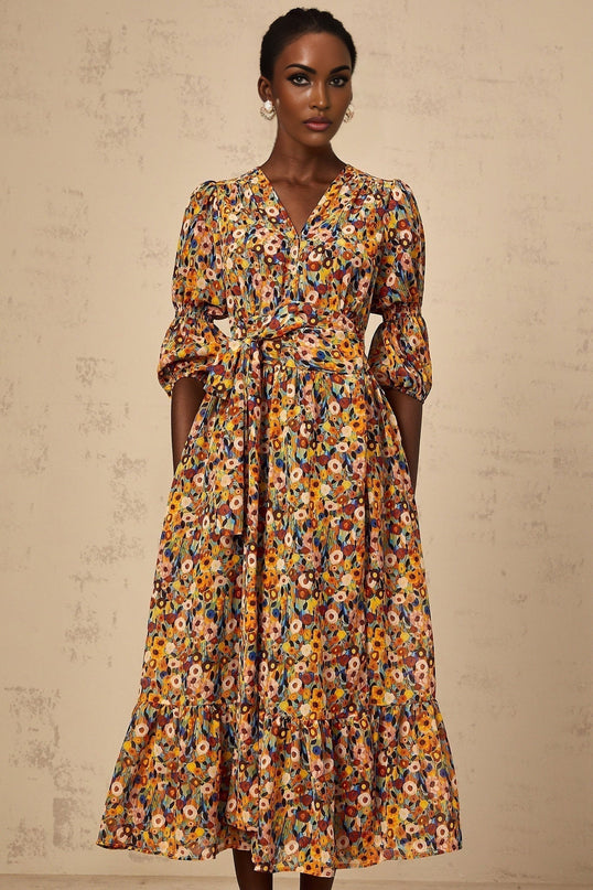 Annamaria Yellow Floral Midi Dress Terylene Fiber V-Neck Cinched Waist 34 Sleeves Midi Length Rear Zip Fastening Multicolor