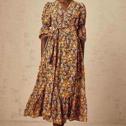 Annamaria Yellow Floral Midi Dress Terylene V-neck Cinched Waist 34 Sleeves Midi Length Rear Zip Fastening Multicolor