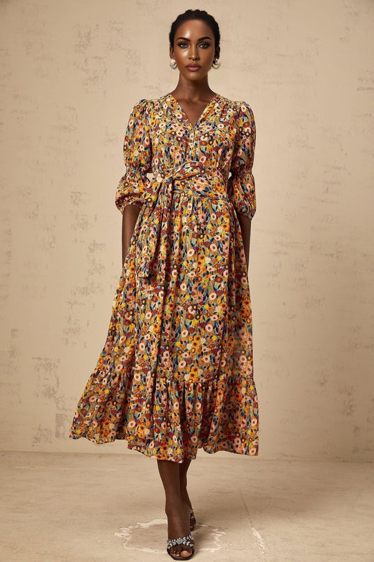 Annamaria Yellow Floral Midi Dress Terylene V-neck Cinched Waist 34 Sleeves Midi Length Rear Zip Fastening Multicolor