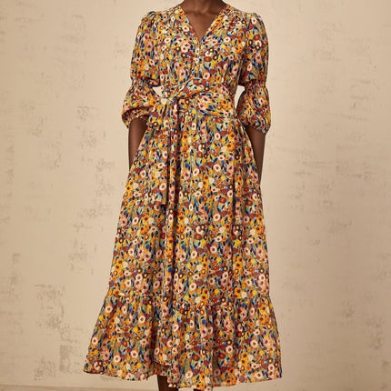 Annamaria Yellow Floral Midi Dress Terylene Fiber V-Neck Cinched Waist 3/4 Sleeves Rear Zip Fastening Multicolor