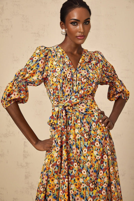Annamaria Yellow Floral Midi Dress Terylene Fiber V-Neck Cinched Waist 34 Sleeves Rear Zip Fastening Multicolor
