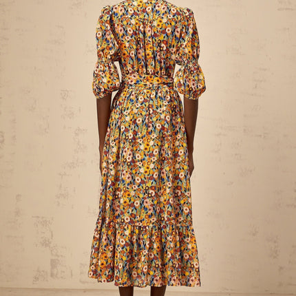 Annamaria Yellow Floral Midi Dress Terylene Fiber V-Neck Cinched Waist 34 Sleeves Midi Length Rear Zip Fastening Multicolor