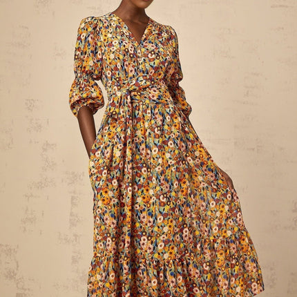 Annamaria Yellow Floral Midi Dress Terylene Fiber V-neck Cinched Waist 34 Sleeves Midi Length Rear Zip Fastening Multicolor