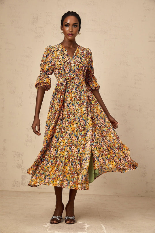 Annamaria Yellow Floral Midi Dress Terylene Fiber V-neck Cinched Waist 34 Sleeves Rear Zip Fastening Multicolor Elegant Sophisticated Style