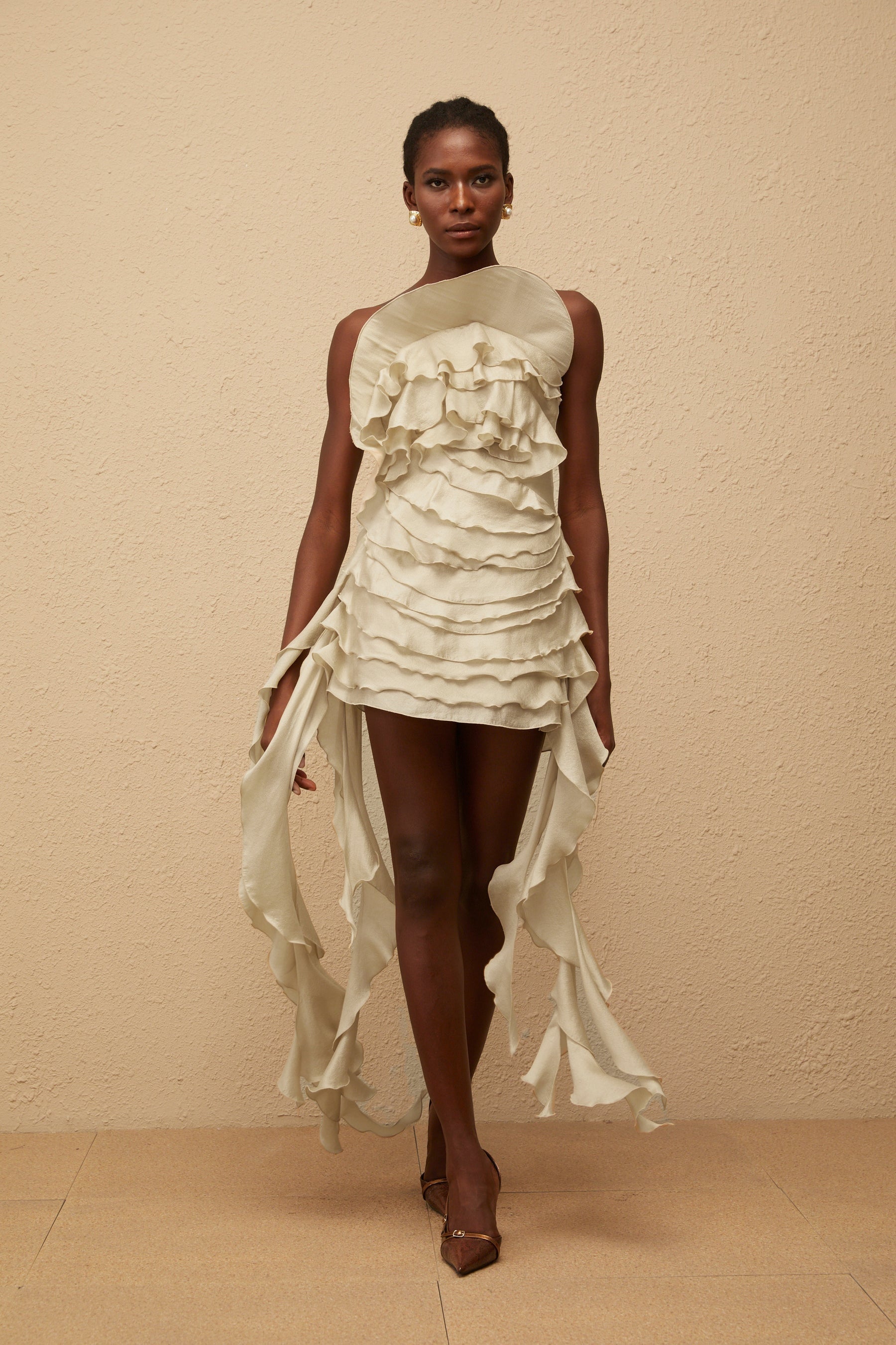 Anneli Neutral OffShoulder Ruffled Mini Dress