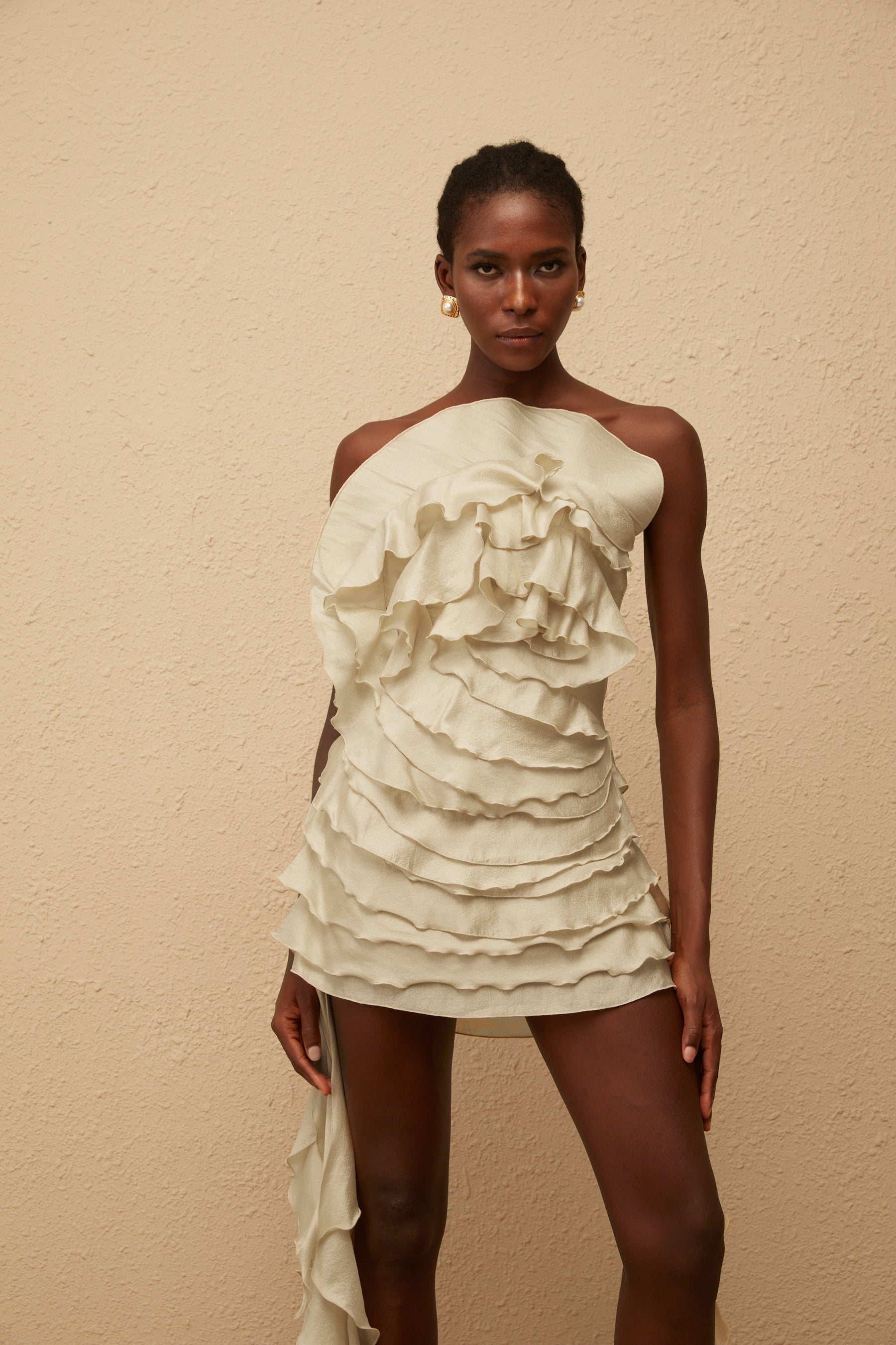 Anneli Neutral OffShoulder Ruffled Mini Dress