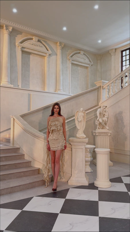 Anneli Neutral OffShoulder Ruffled Mini Dress