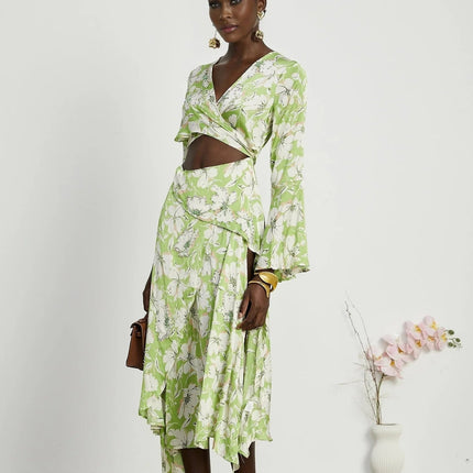 Annetta Green Floral Midi Dress with Crystal Embellishments V-neckline and Front Slit