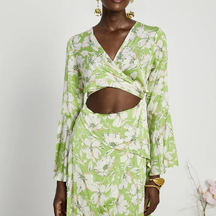 Annetta Green Floral Midi Dress with Crystal Embellishments and Front Slit