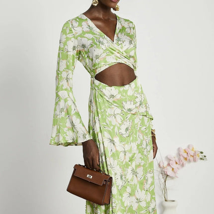 Annetta Green Floral Midi Dress with Crystal Embellishments and Front Slit