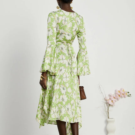 Annetta Green Floral Midi Dress with Crystal Embellishments V-neckline and Front Slit