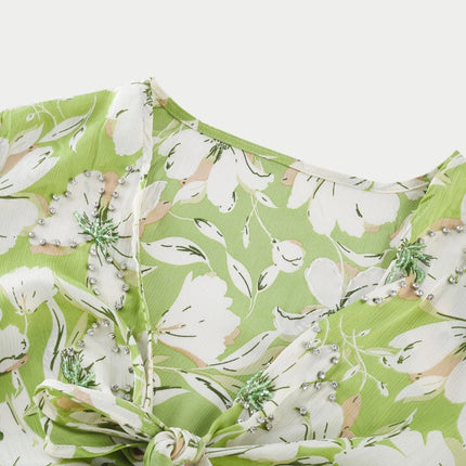 Annetta Green Floral Midi Dress with Crystal Embellishments V-Neckline and Front Slit