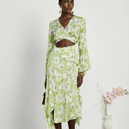Annetta Green Floral Midi Dress with Crystal Embellishments and Front Slit V-neckline