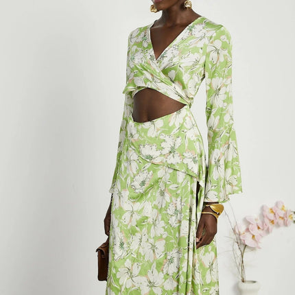 Annetta Green Floral Midi Dress with Crystal Embellishments and Front Slit
