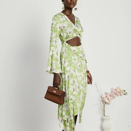 Annetta Green Floral Midi Dress with Crystal Embellishments V-neckline and Front Slit