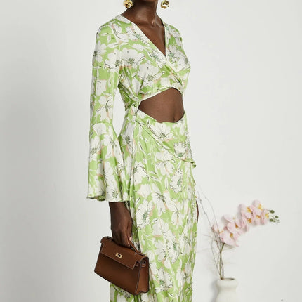 Annetta Green Floral Midi Dress with Crystal Embellishments V-Neckline Front Slit Long Sleeves