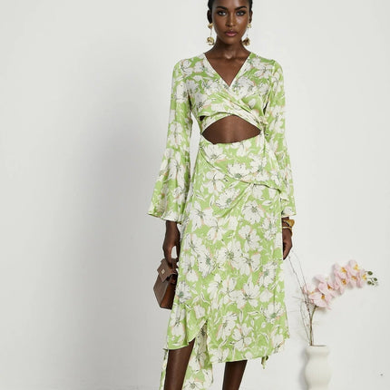 Annetta Green Floral Midi Dress with Crystal Embellishments and Front Slit