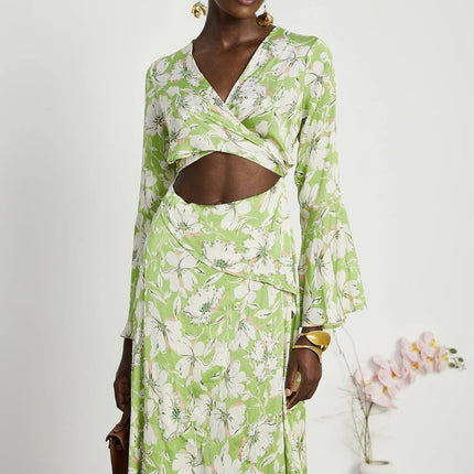 Annetta Green Floral Midi Dress with Crystal Embellishments V-neckline and Front Slit