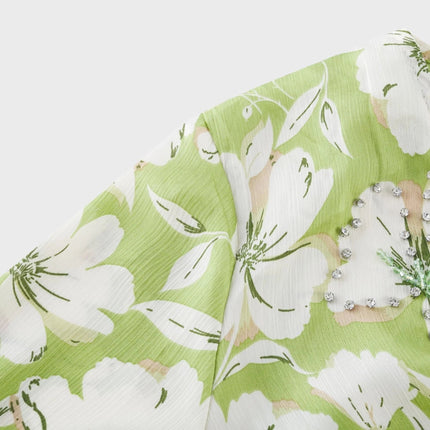 Annetta Green Floral Midi Dress with Crystal Embellishments V-neckline and Front Slit
