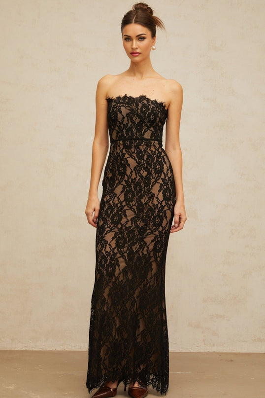 Annie Black Lace Mermaid Maxi Dress with Off-the-Shoulder Design