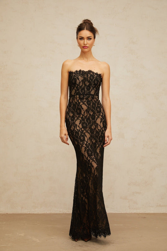 Annie Black Lace Mermaid Maxi Dress with Off-the-Shoulder Design
